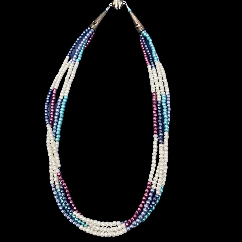 Multi-color seed bead necklace, handmade, blue, pink, off white